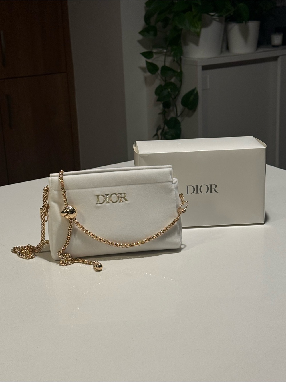 Dior White beauty Bag with Gold Chain